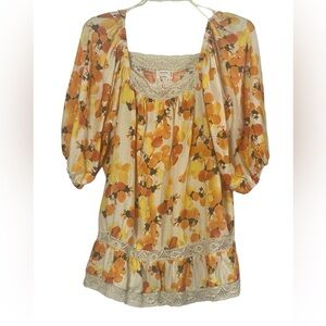 NWT Nicole Miller Artelier Puff sleeve, orange print, linen blend blouse.Size XL